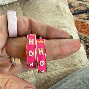 Pink Enamel 'HO' Hoop Earrings with Gold Accents